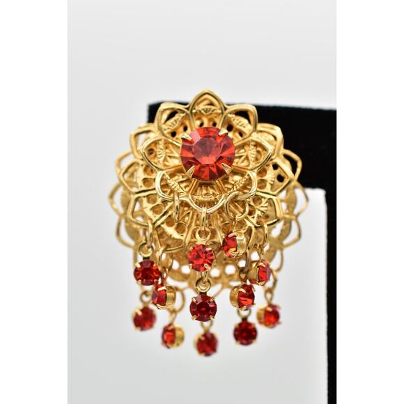 Vintage Dangle Clip On Earrings Coral Rhinestone Crystal Chandelier 1980s BinW - Picture 6 of 12